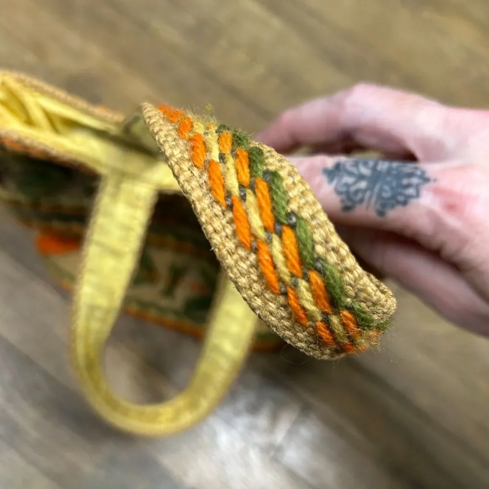 Vintage 70s Embroidered Yarn and Burlap Hand Bag